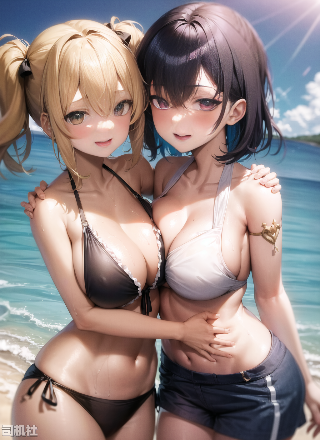 00106-2650797226-absurdres, 2girls, beach, swimsuit, sweat, breasts out, smile, .png
